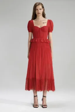 Self Portrait Red Chiffon Pleated Midi Dress Size 10 for rent on The Volte - image 3