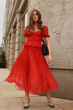 Self Portrait Red Chiffon Pleated Midi Dress Size 12 for rent on The Volte - image 1