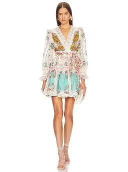 Zimmermann Clover Patched Wrap Lace Mini Dress Patch Painted Floral Size 12 for rent on The Volte - image 1