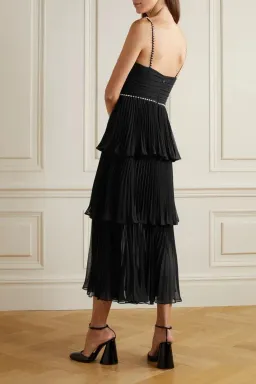Self Portrait Diamante Embellished Tiered Chiffon Midi Dress Black Size 12 for rent on The Volte - image 2