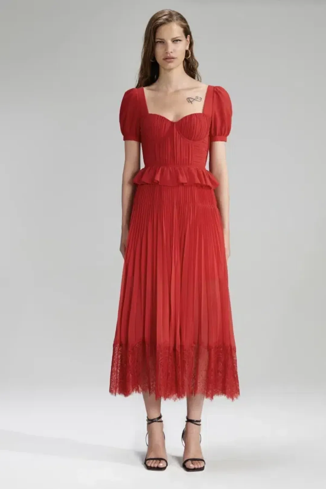 Self Portrait Red Chiffon Pleated Midi Dress Size 10 for rent on The Volte - main image