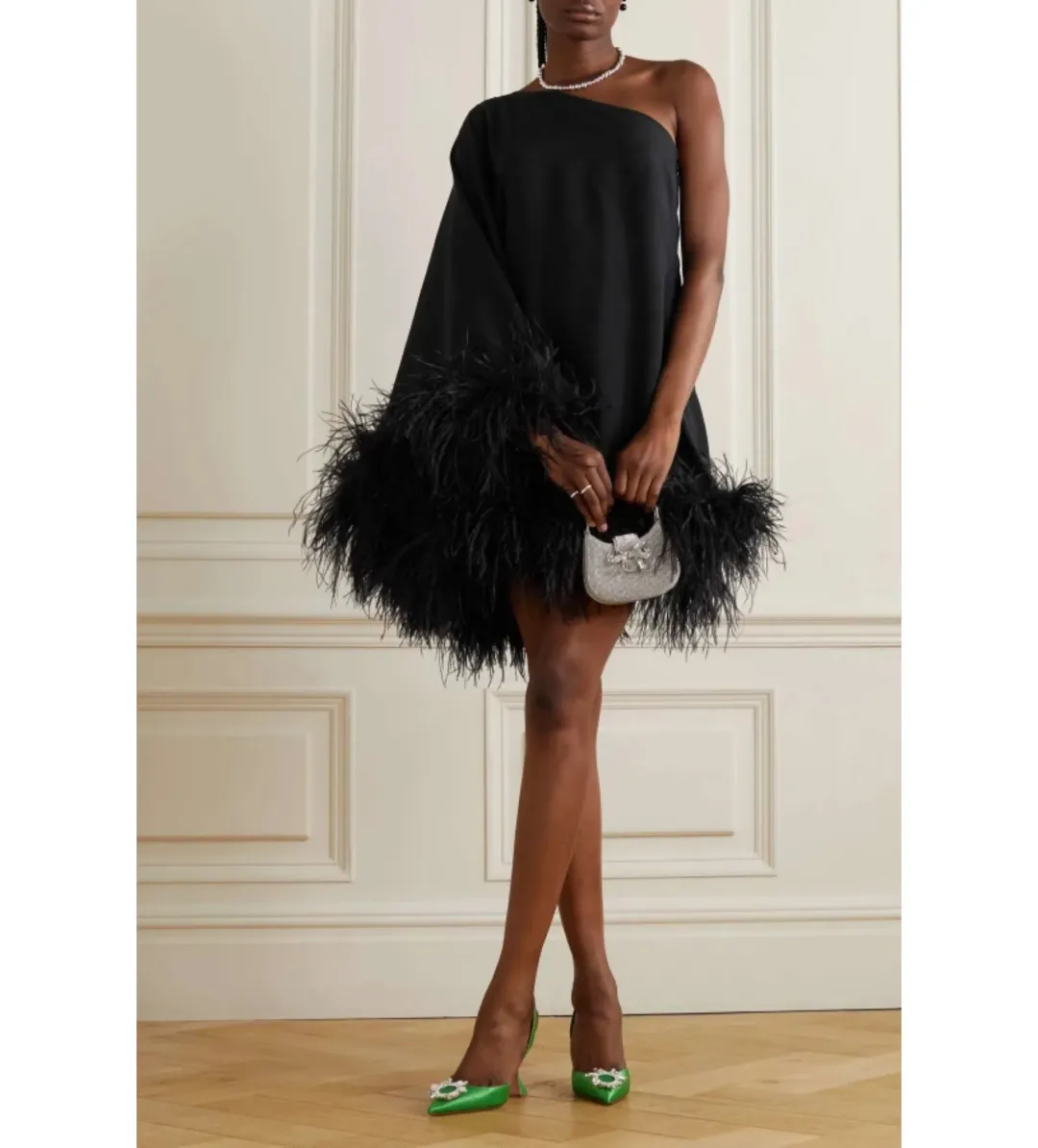 Taller Marmo Piccolo Ubud feather-trim one-shoulder Dress Black Size 8 for rent on The Volte - main image