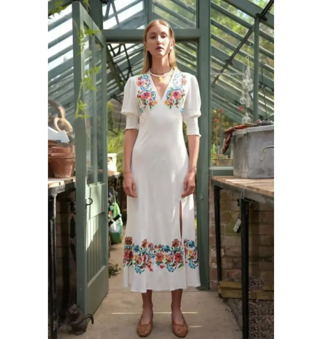 Rixo Carmen Embroidered Midi Dress Floral Size UK 12 for rent on The Volte - main image