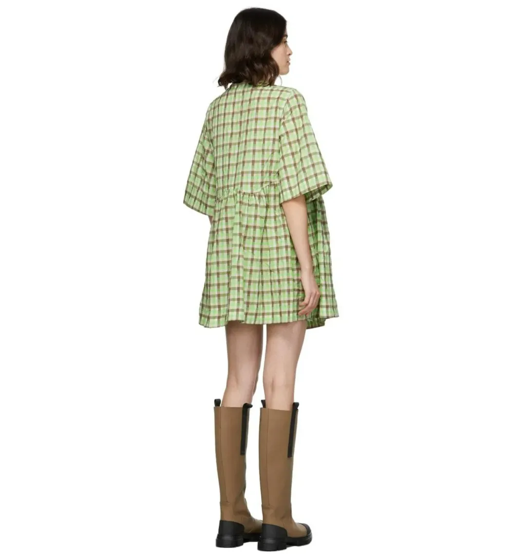 Ganni Seersucker Check Wrap Dress Green Size UK 8 for rent on The Volte - main image