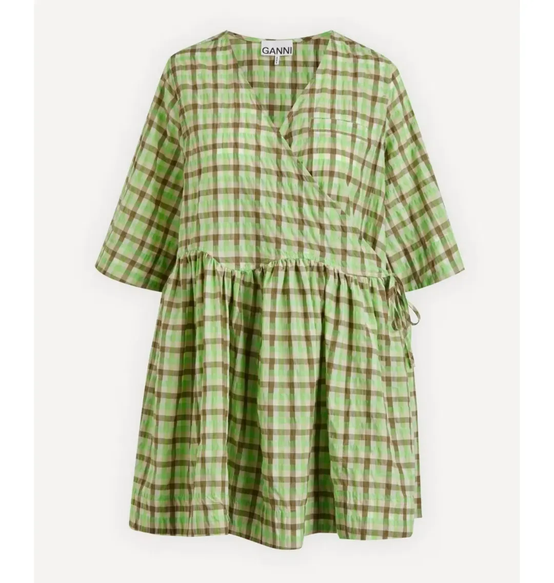 Ganni Seersucker Check Wrap Dress Green Size UK 8 for rent on The Volte - main image