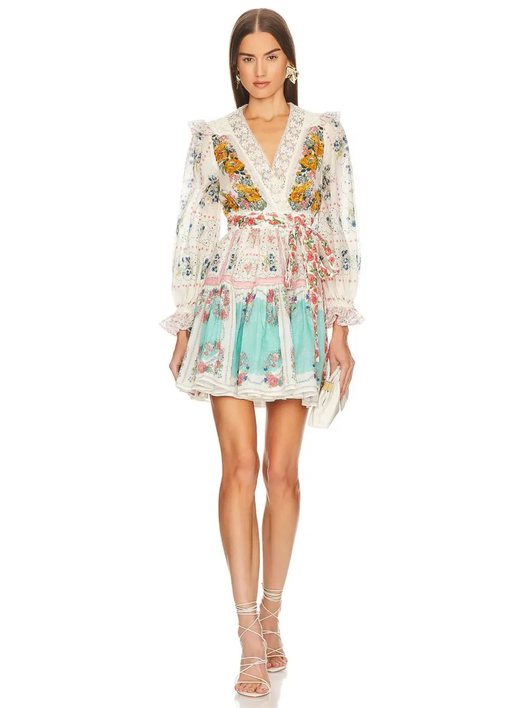 Zimmermann Clover Patched Wrap Lace Mini Dress Patch Painted Floral Size 12 for rent on The Volte - main image