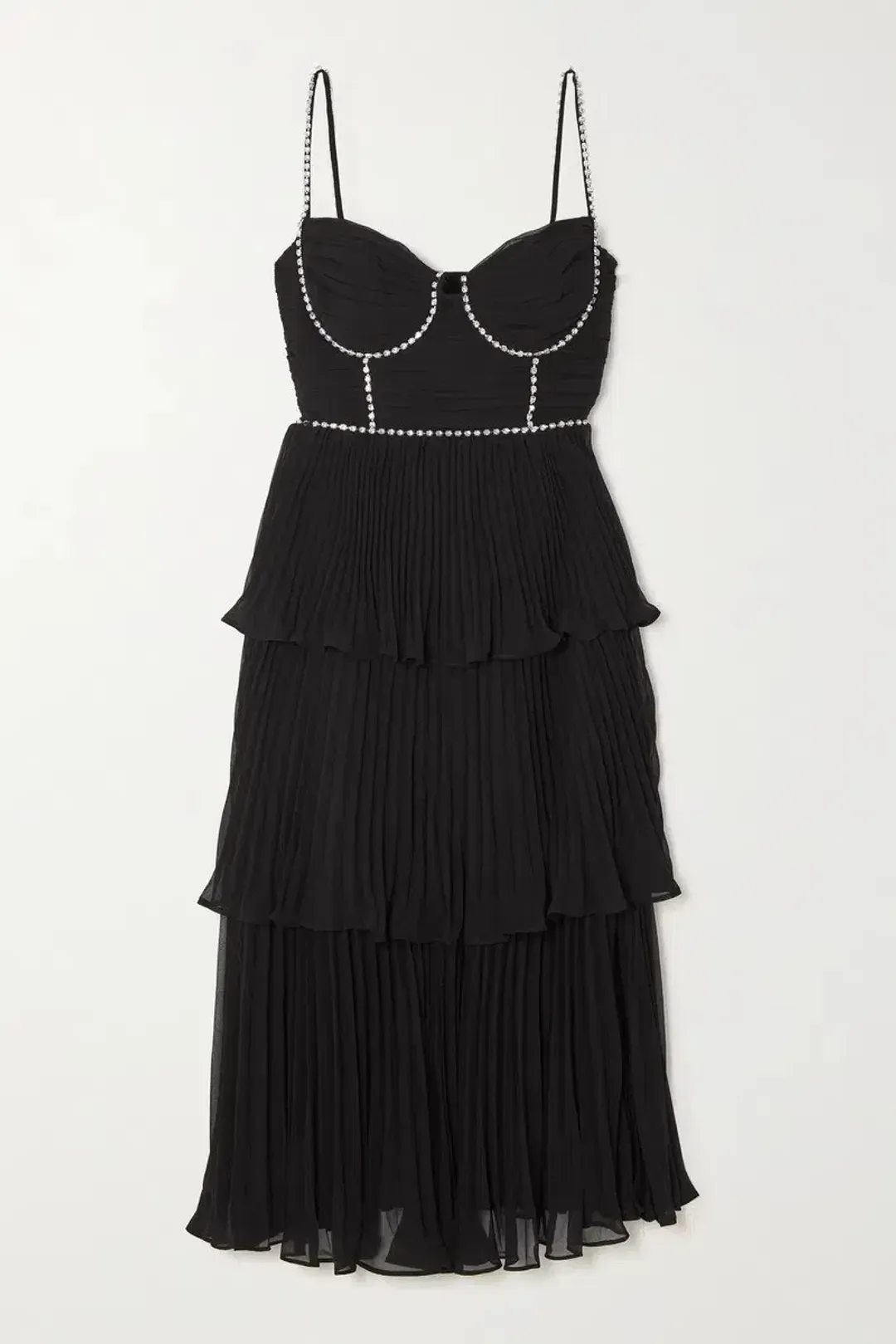 Self Portrait Diamante Embellished Tiered Chiffon Midi Dress Black Size 12 for rent on The Volte - main image