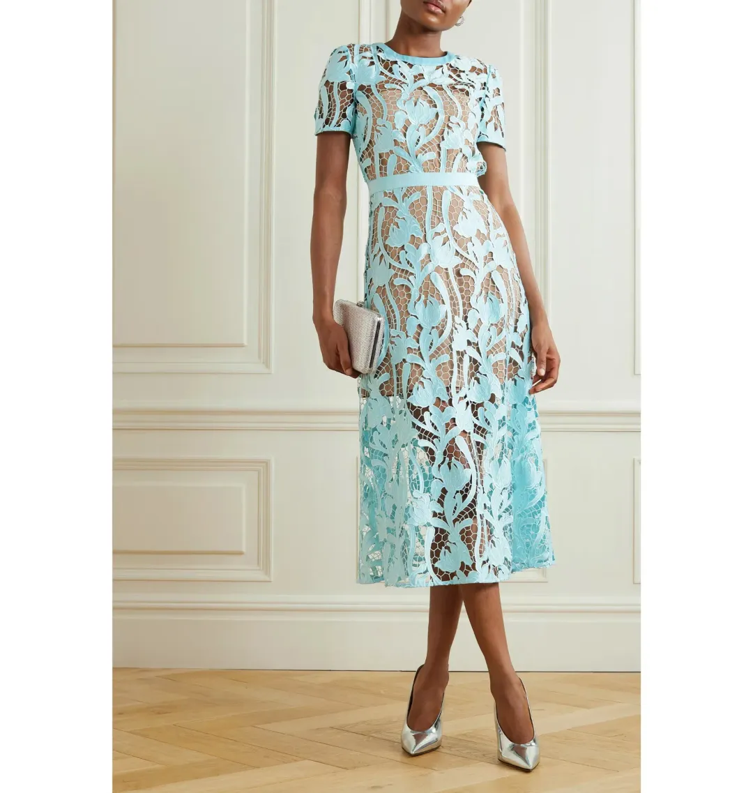 Self-portrait Grosgrain Guipure Lace Midi Dress Blue Size UK 12 for rent on The Volte - main image