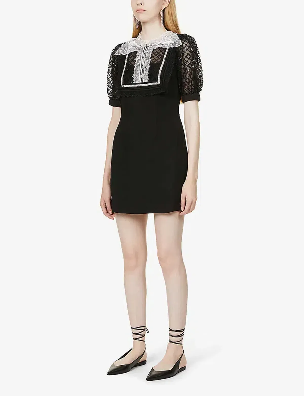 Self Portrait Diamante Bib Front Collared Mini Dress Black Size UK 12 - Image 1