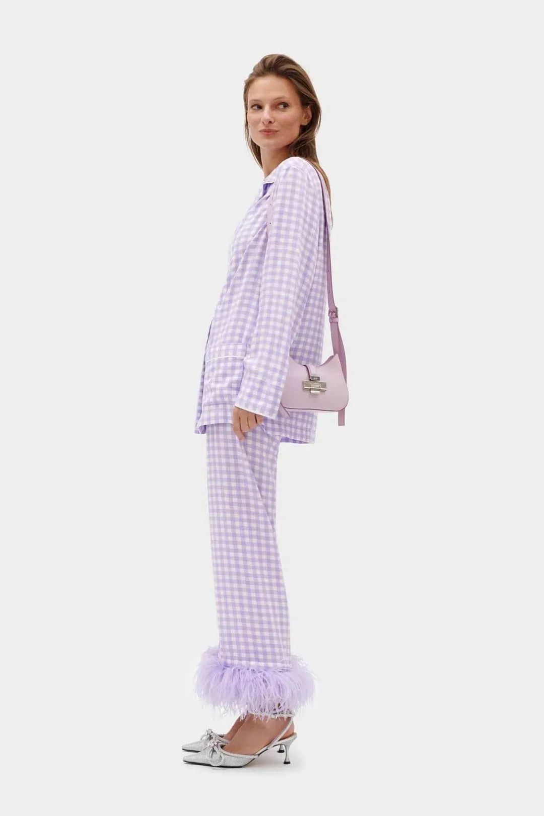 Sleeper Party Gingham Feather Cuff Pajamas Purple Size M / UK 10 for rent on The Volte - main image