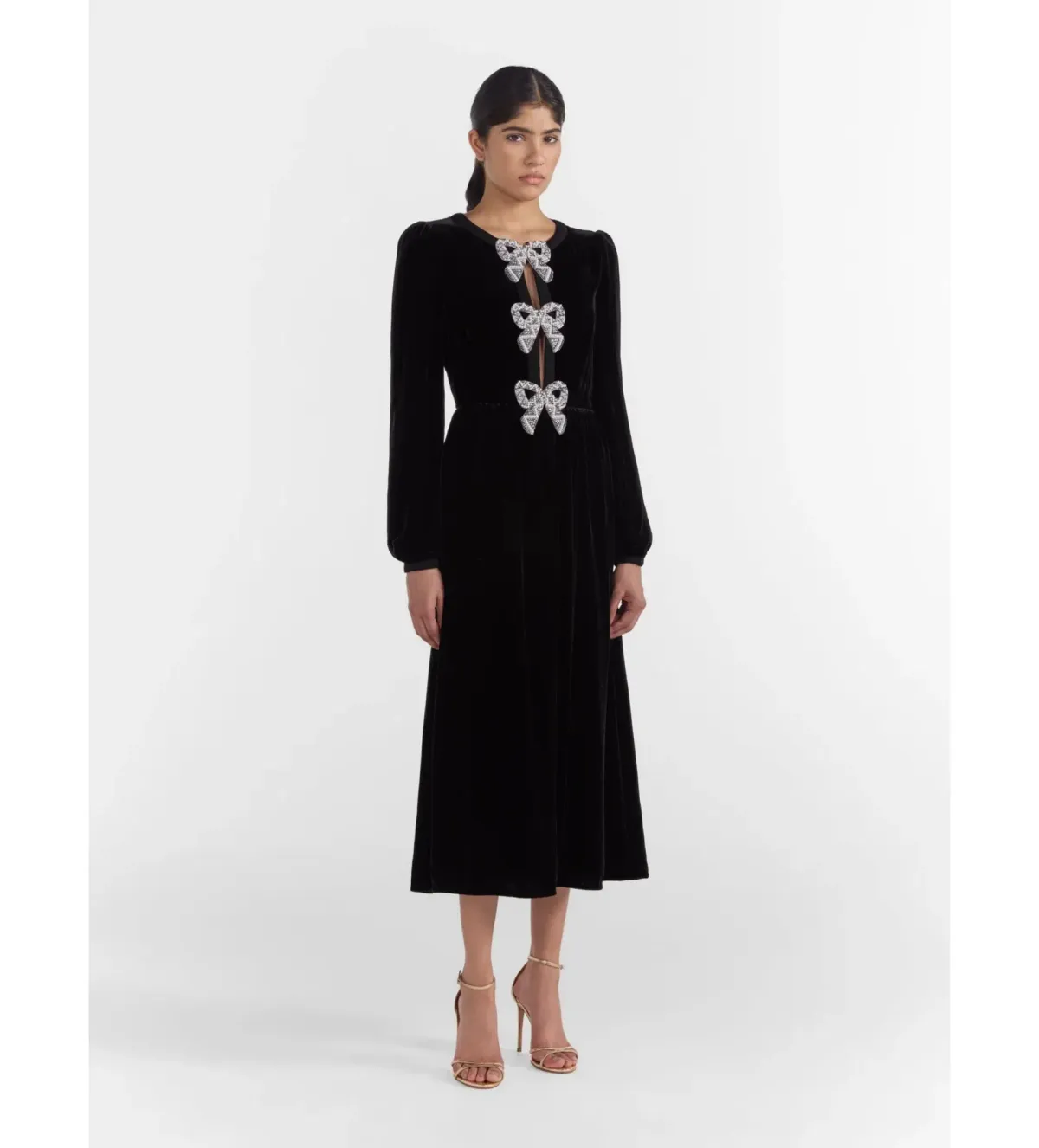 Saloni Camille Velvet Embellished Bows Midi Dress Black Size UK 12  - Image 2