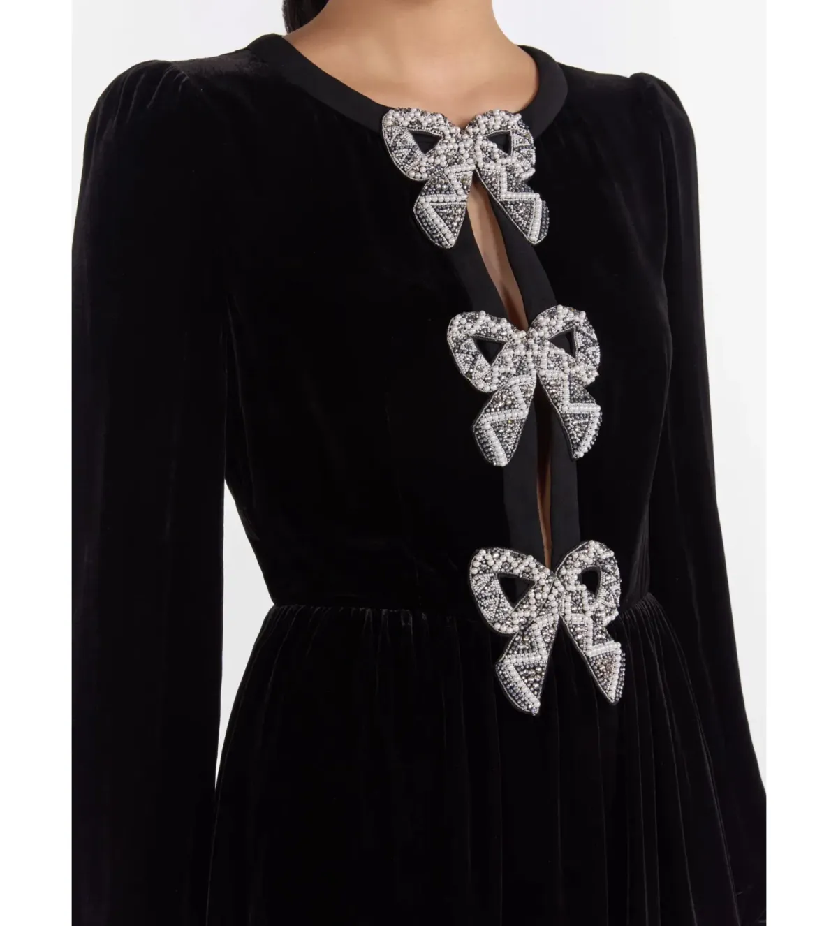 Saloni Camille Velvet Embellished Bows Midi Dress Black Size UK 12  - Image 3