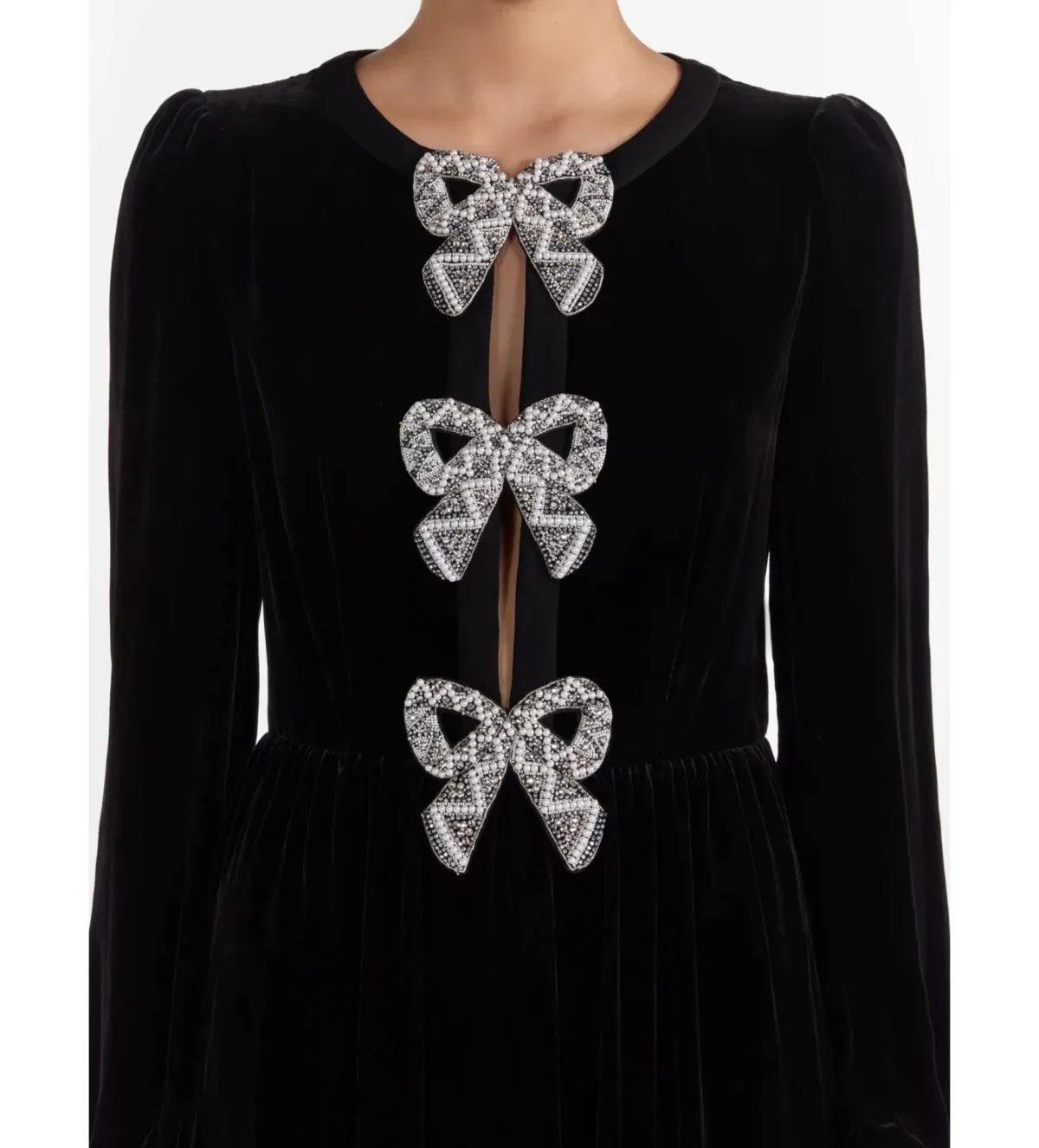 Saloni Camille Velvet Embellished Bows Midi Dress Black Size UK 12  - Image 4