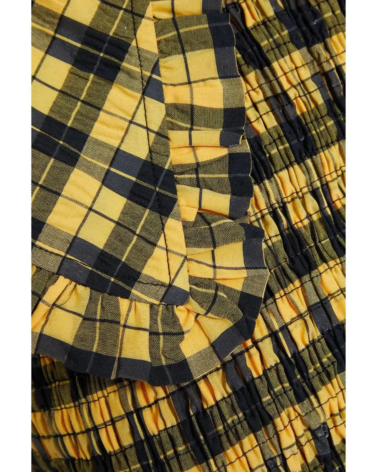 Ganni Seersucker Shirred Midi Dress Yellow Check Print Size UK 10 - Image 5