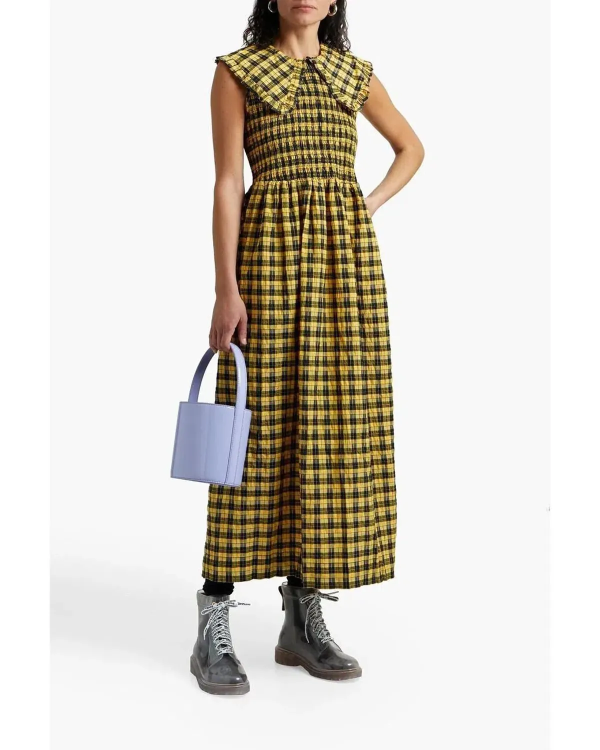 Ganni Seersucker Shirred Midi Dress Yellow Check Print Size UK 10 - Image 4