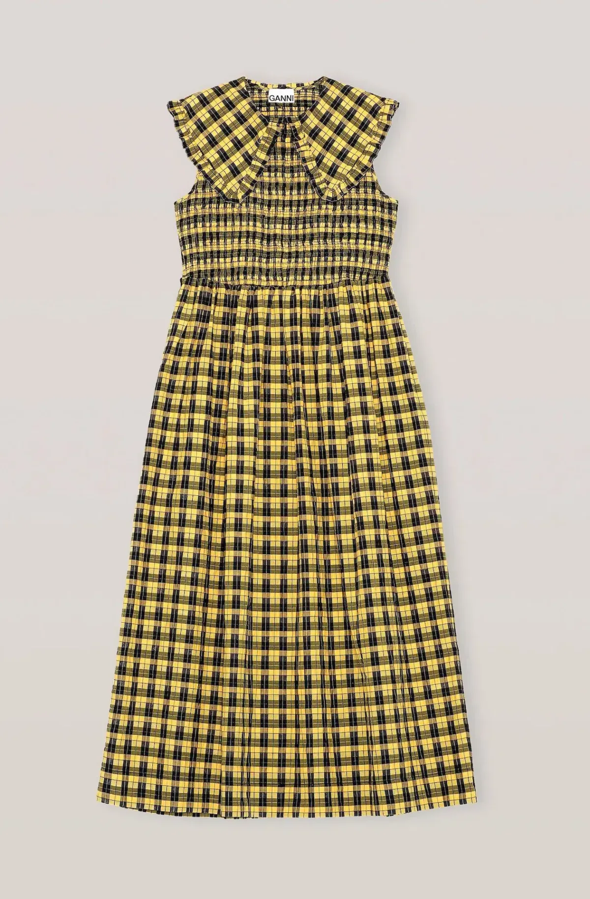 Ganni Seersucker Shirred Midi Dress Yellow Check Print Size UK 10 - Image 6