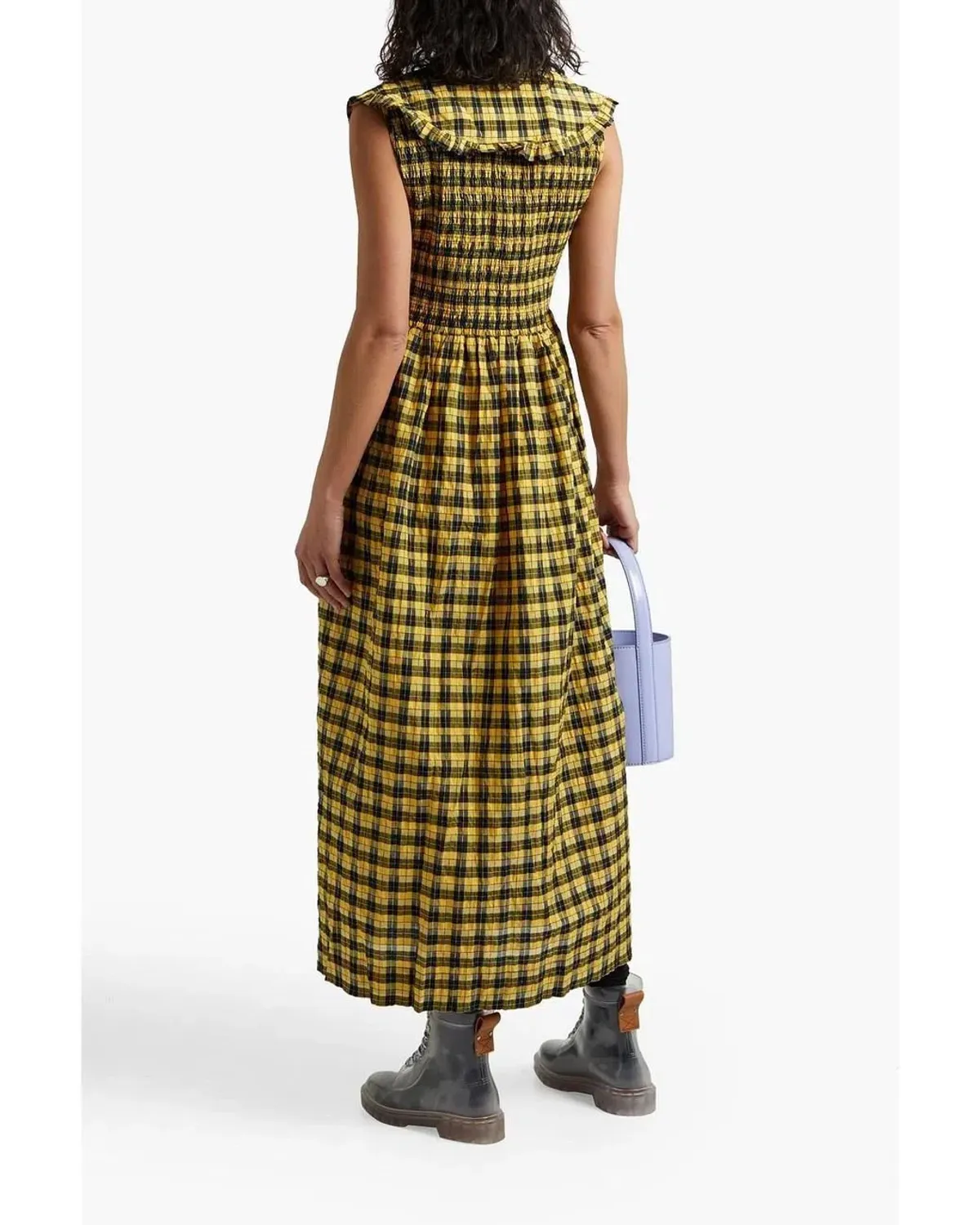 Ganni Seersucker Shirred Midi Dress Yellow Check Print Size UK 10 - Image 3