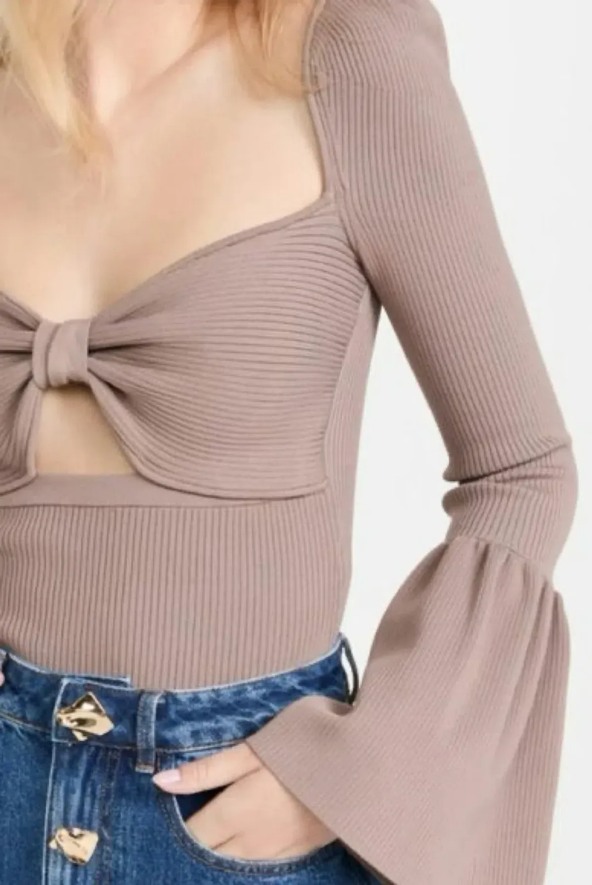 Self Portrait Cut Out Bow Flared Ribbed Top Taupe Size M / UK 10 - Image 6