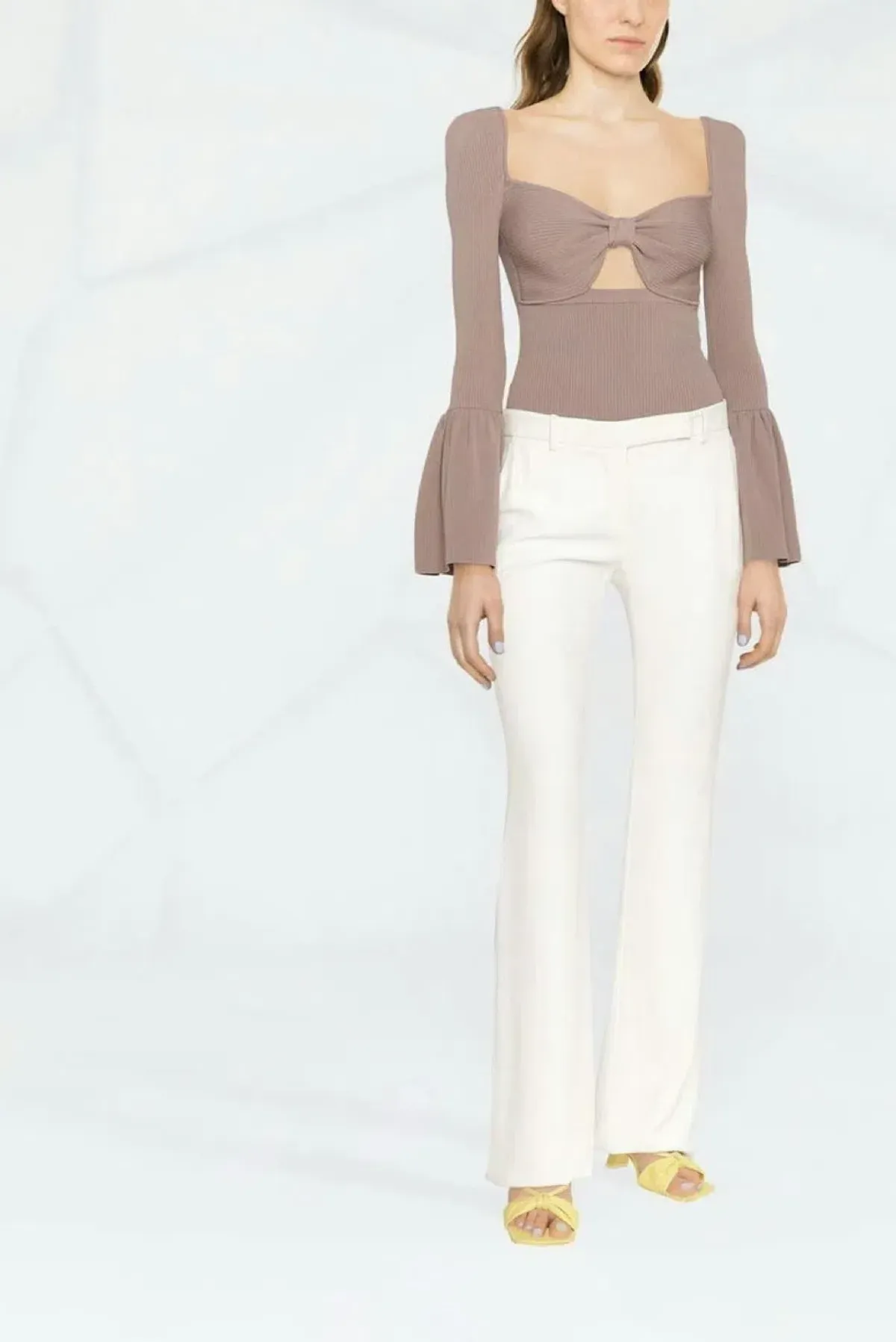 Self Portrait Cut Out Bow Flared Ribbed Top Taupe Size M / UK 10 - Image 7