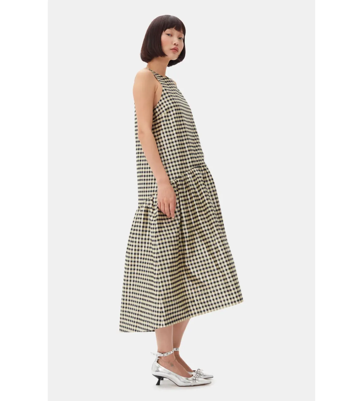 Ganni Icing Shiny Check Jacquard Midi Dress Print Size UK 10 - Image 3