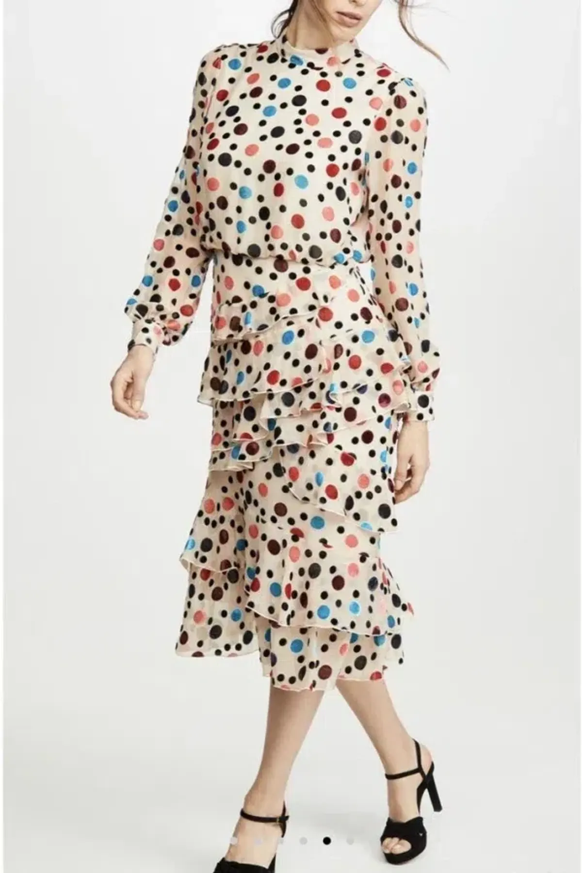 Saloni Isa Ruffle Dress Cream Print Size UK 12 - Image 1