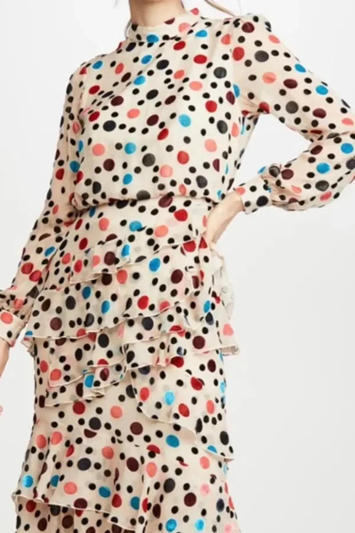 Saloni Isa Ruffle Dress Cream Print Size UK 12 - Image 3