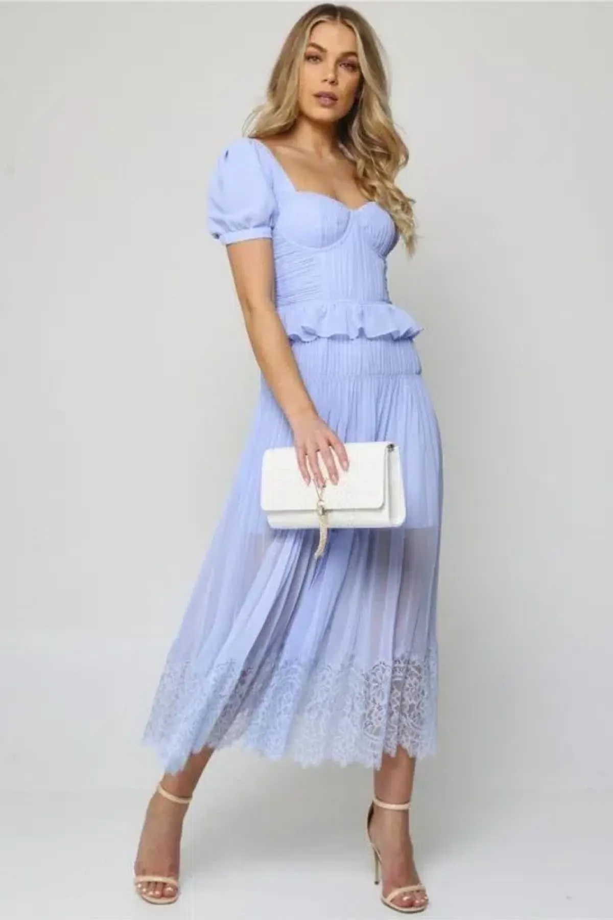 Self Portrait Chiffon Midi Blue Dress Size UK 12 - Image 1