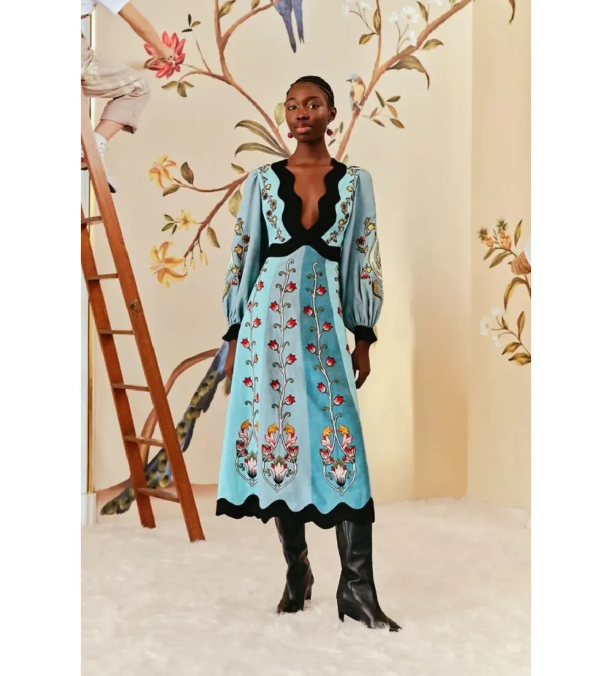 Farm Rio Flowing Beauty Embroidered Midi Dress Blue Size UK 12  - Image 1