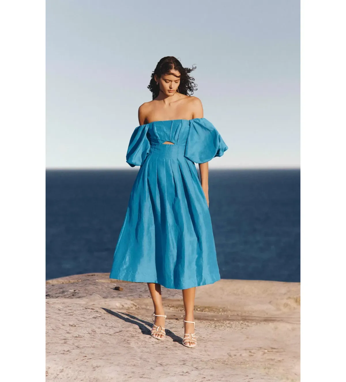 Aje Eugenie Off Shoulder Midi Dress in Azure Blue Size UK 12 - Image 1