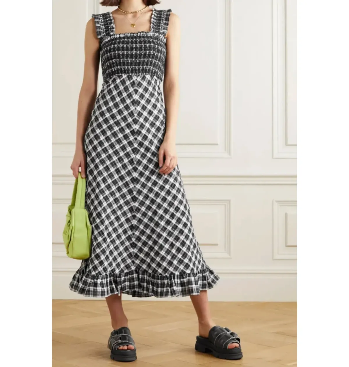 Ganni Seersucker Midi Dress Check Size UK 12 - Image 4