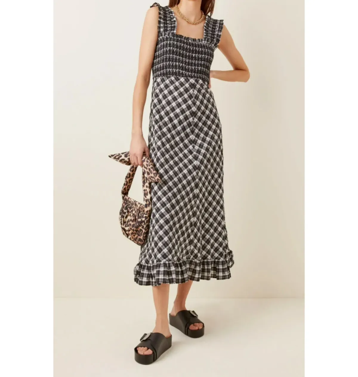 Ganni Seersucker Midi Dress Check Size UK 12 - Image 1