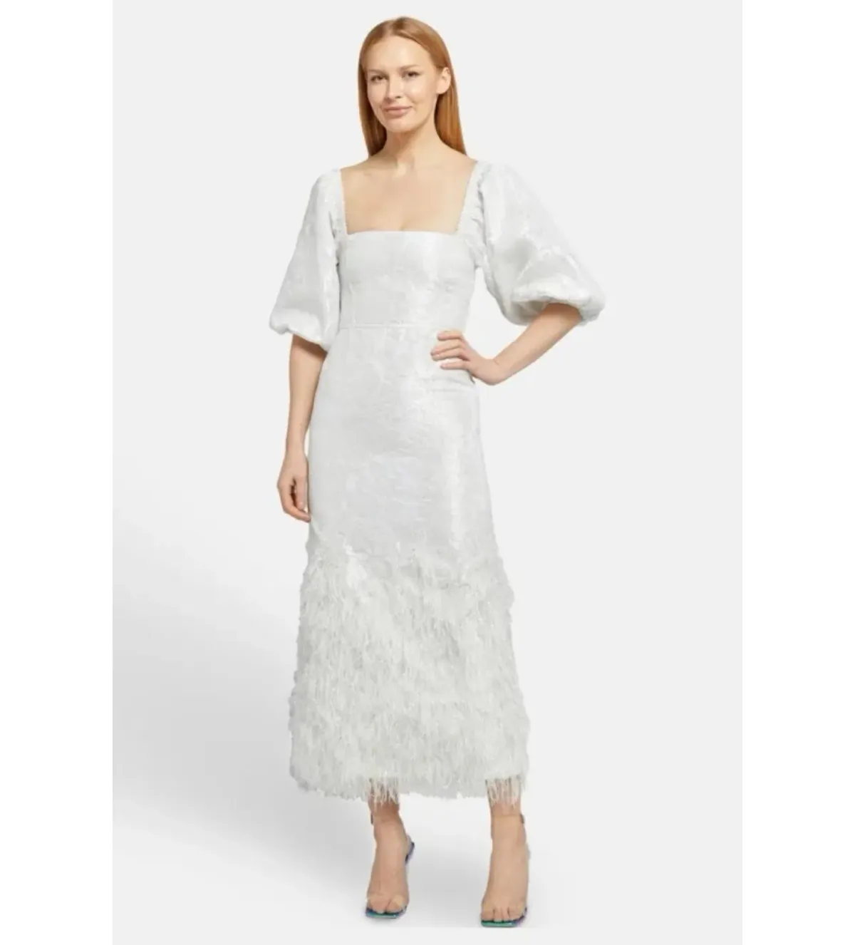 Ganni Floral-Brocade Puff-Sleeve Feathery winterspell dress in white Size UK 12  - Image 1