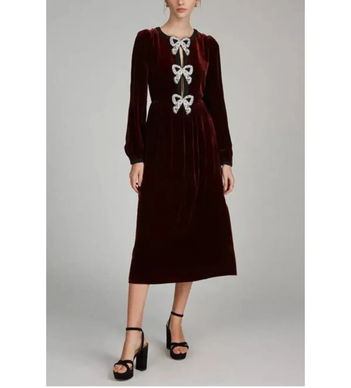 Saloni Camille Velvet Midi Dress Burgundy Size UK 14 - Image 1