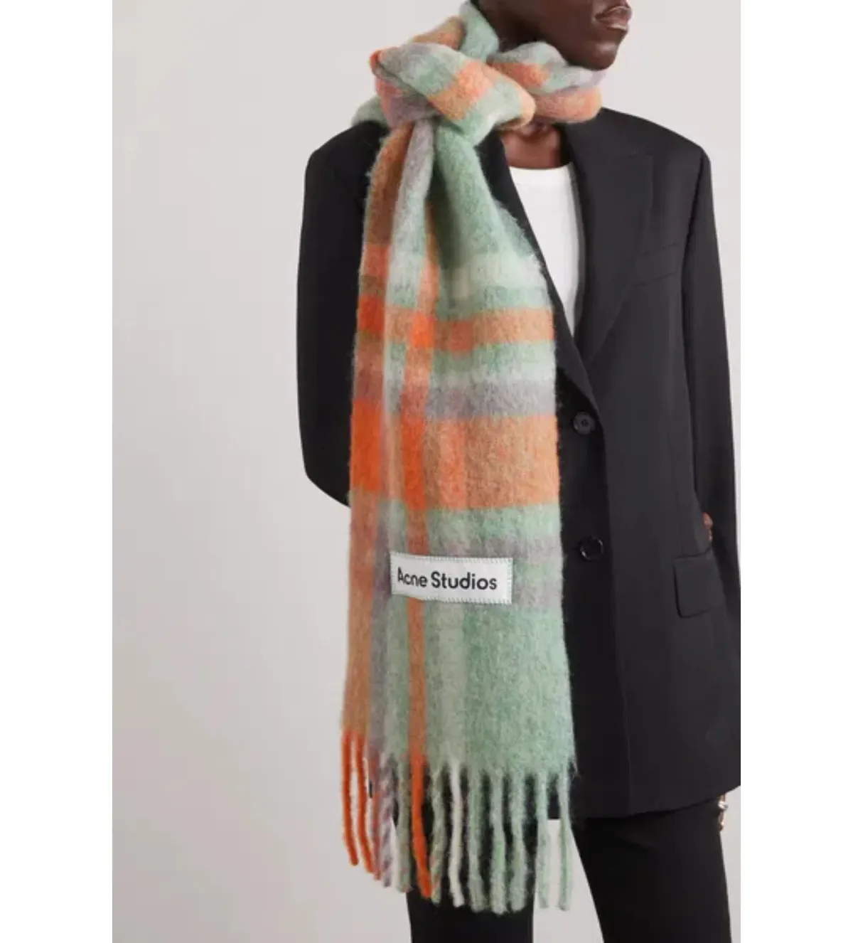 Acne Studios Appliquéd Fringed Checked Knitted Scarf - Image 1