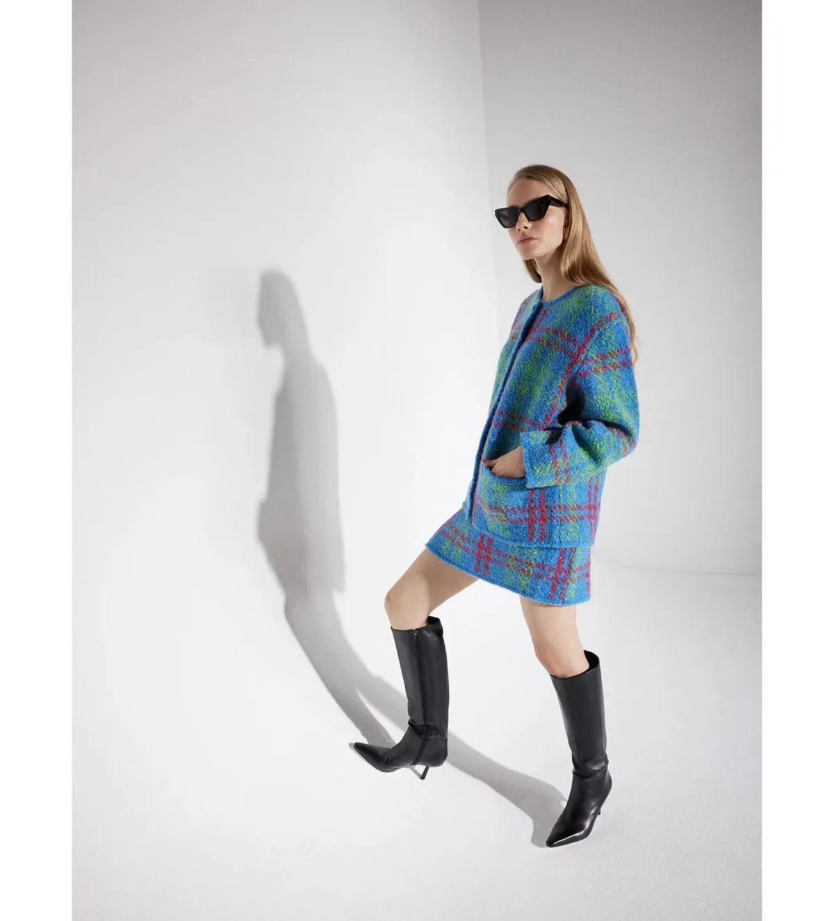 Kitri Susan Boucle Knit Jacket and Mini Skirt Set Blue Check Size UK 12 - Image 4