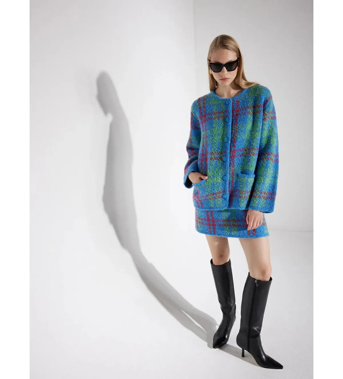 Kitri Susan Boucle Knit Jacket and Mini Skirt Set Blue Check Size UK 12 - Image 1