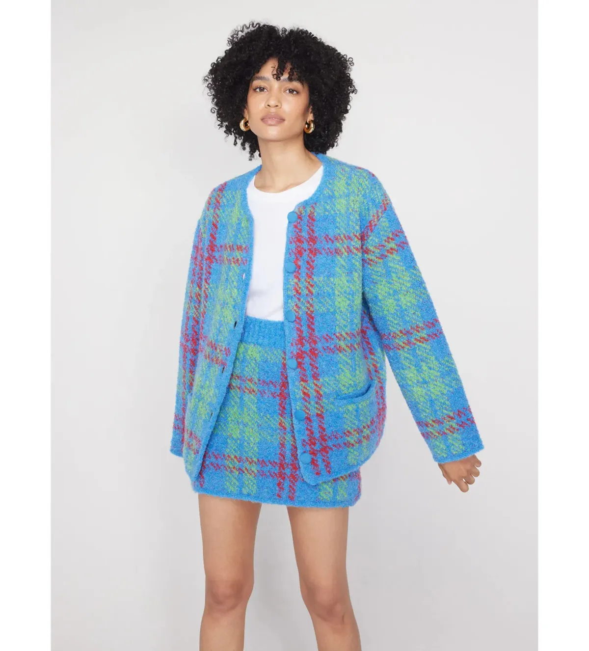 Kitri Susan Boucle Knit Jacket and Mini Skirt Set Blue Check Size UK 12 - Image 3