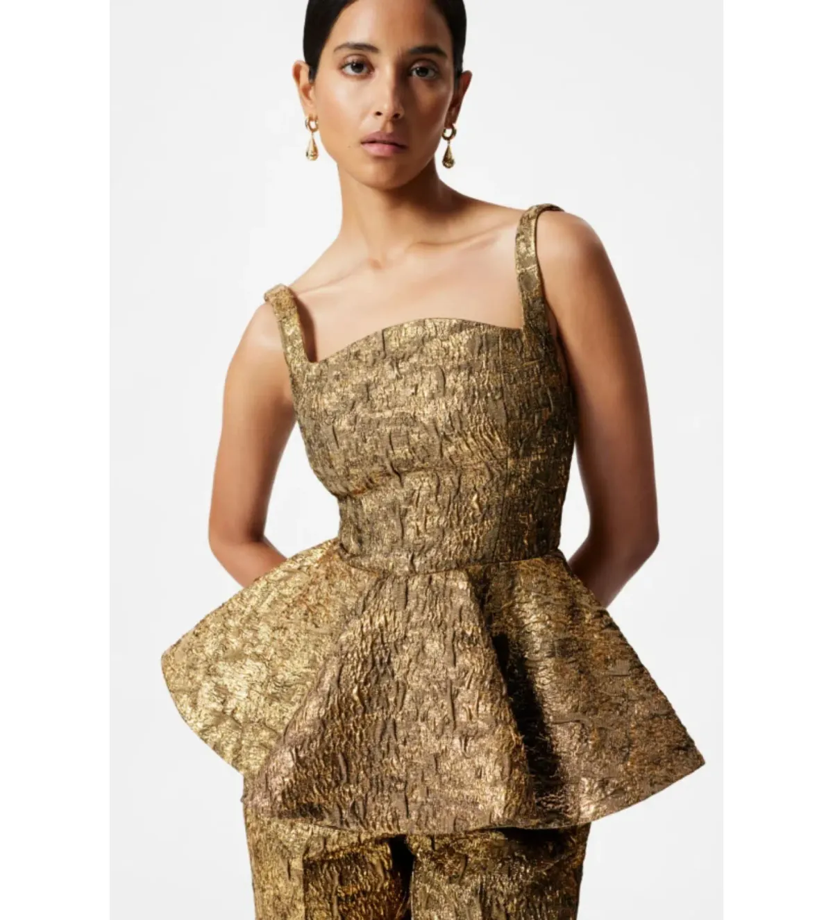& Other Stories Metallic Jacquard Peplum Top Gold Size UK 12 - Image 3