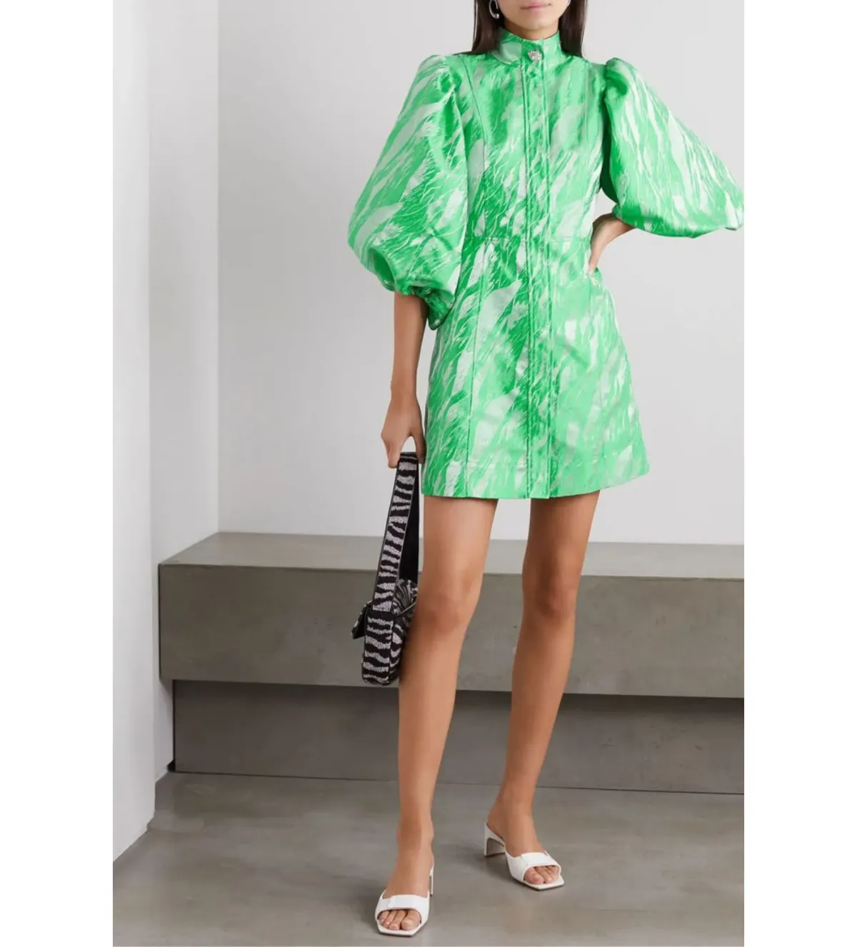 Ganni Jacquard Mini Dress Green Size UK 12 - Image 1