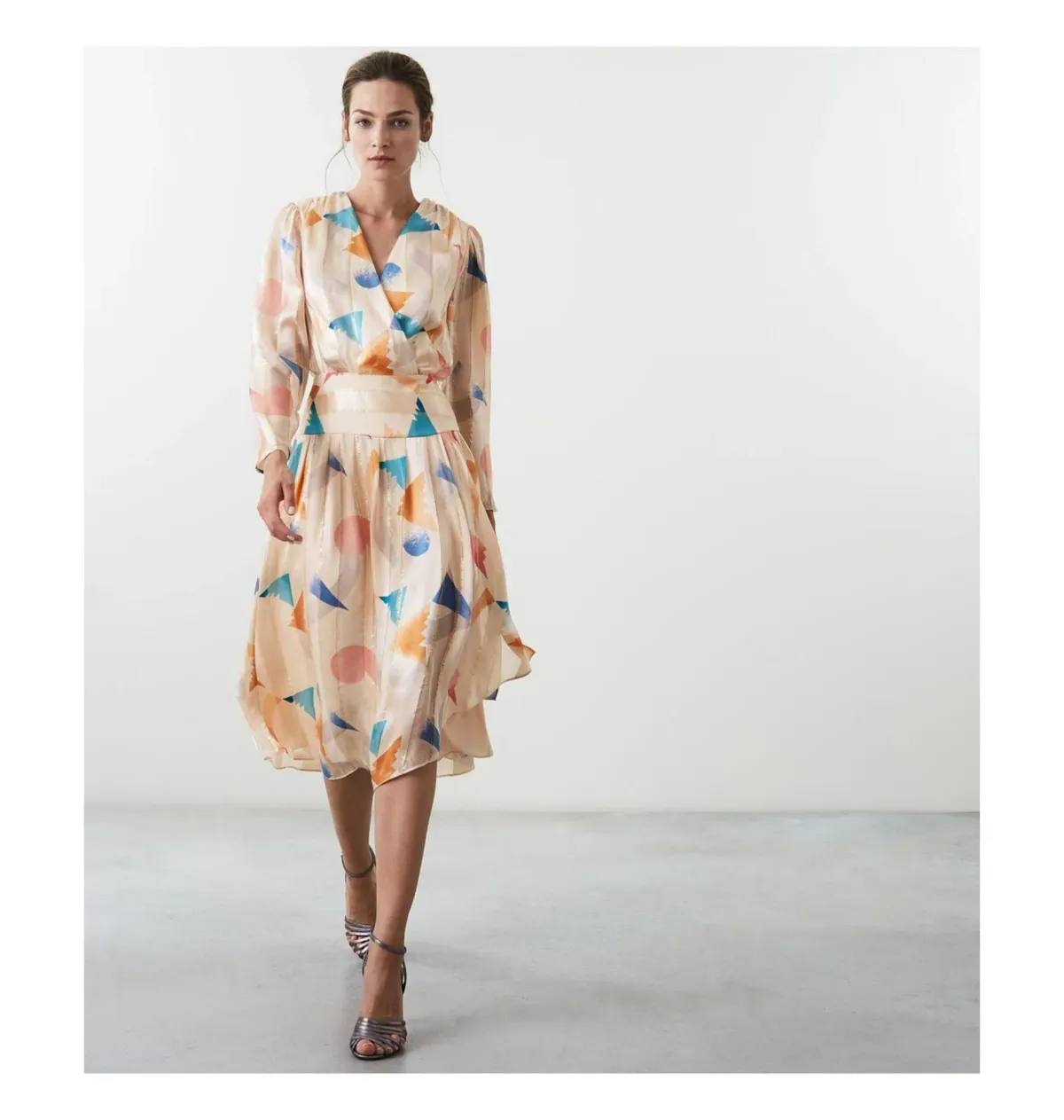 Reiss Silk Peachy Pattern Midi Dress Multi Size UK 12 - Image 1