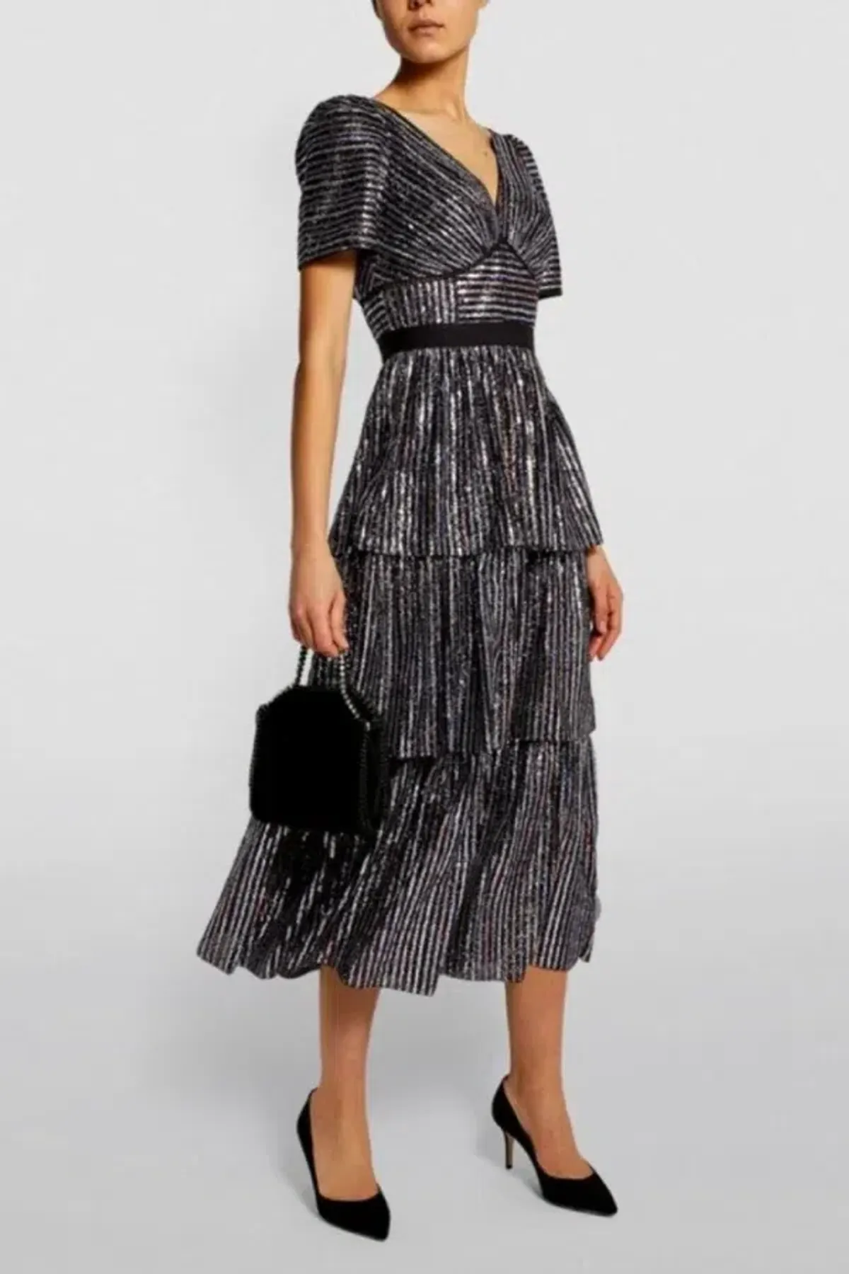 Self-Portrait Tiered Sequin Midi Dress Size UK 12 - Image 1