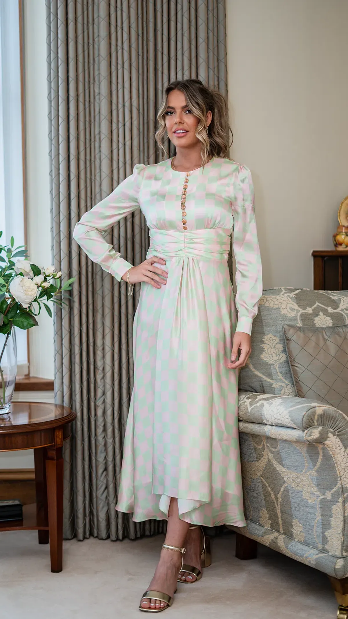 Olivia Rubin Lliana Checked Midi Dress Pink Size UK 8 - Image 1