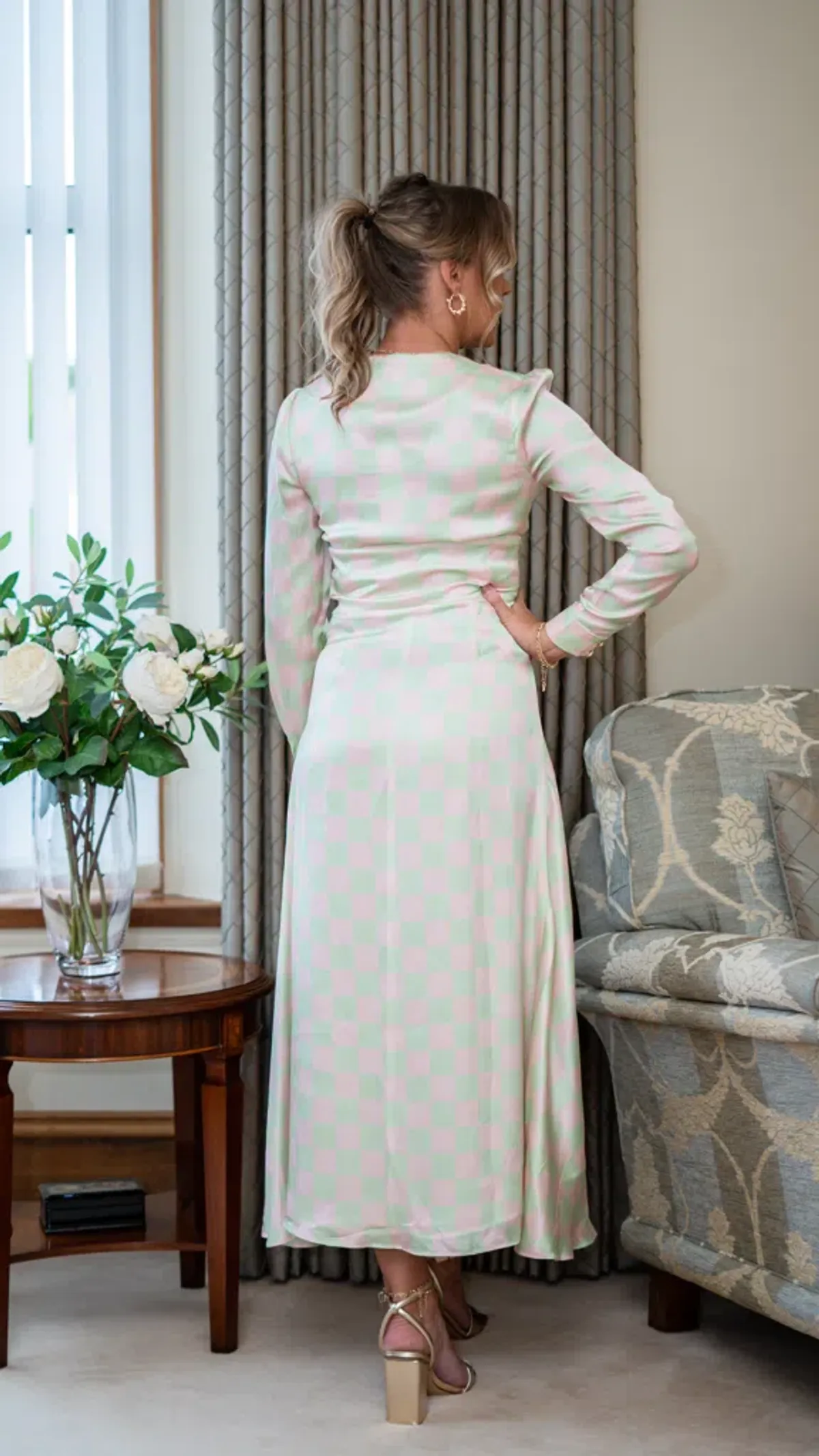 Olivia Rubin Lliana Checked Midi Dress Pink Size UK 8 - Image 3