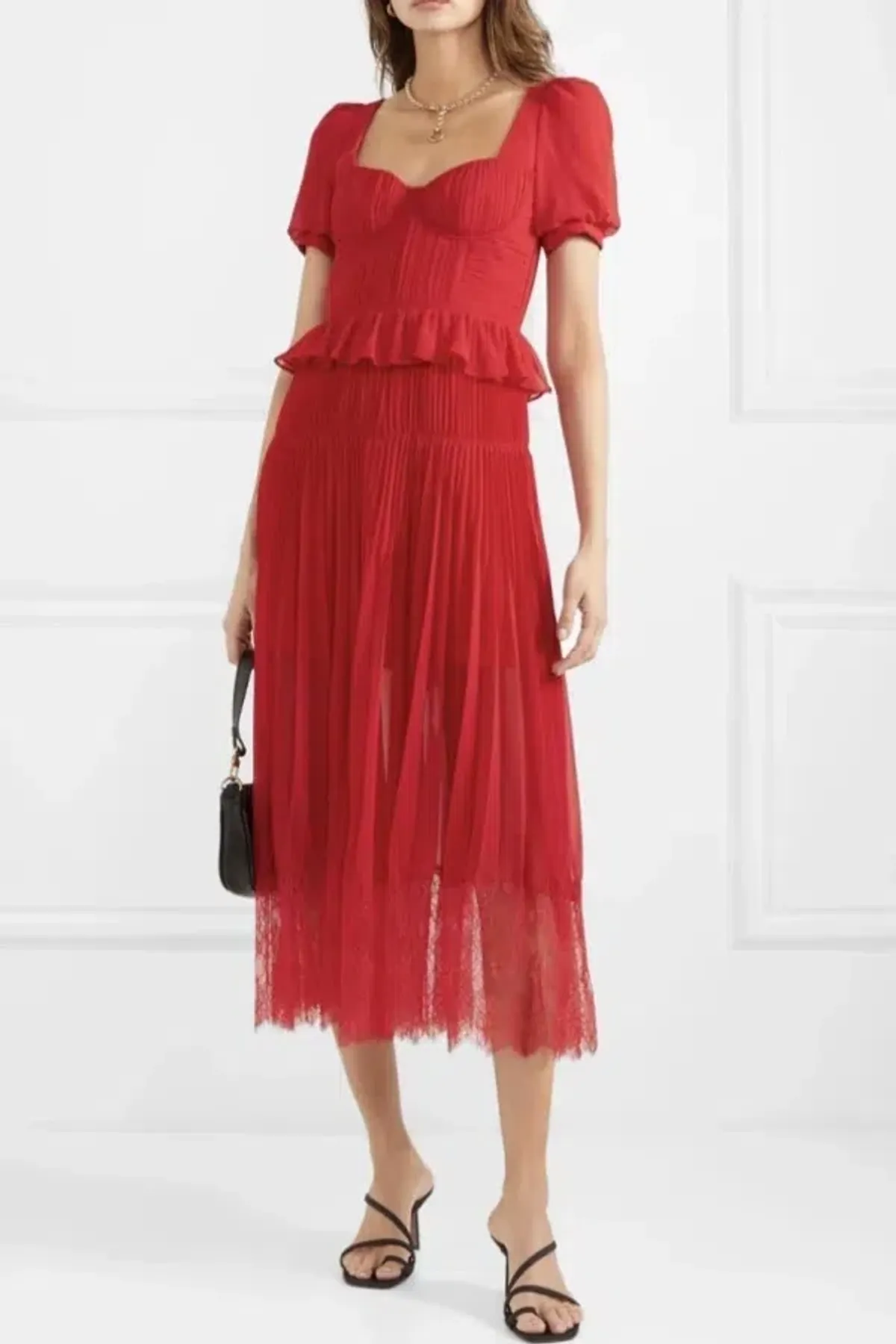 Self Portrait Red Chiffon Pleated Midi Dress Size 10 - Image 2