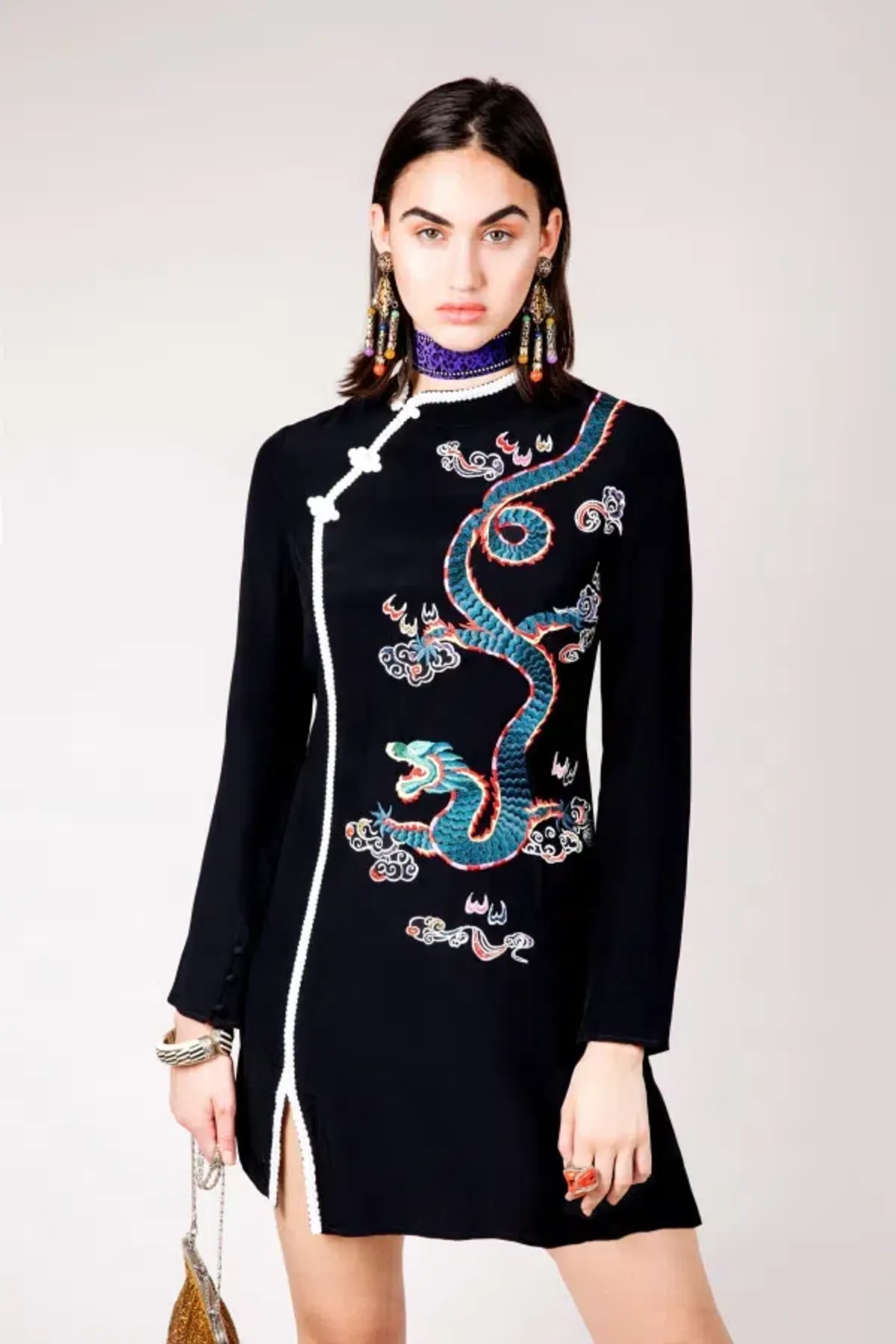 RIXO Oriental Orchid Dragon Mini Dress Black Size 10 - Image 1