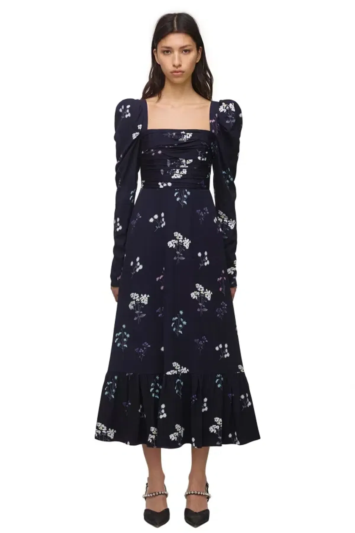 Self Portrait Navy Vintage Floral Midi Dress Size 10 - Image 1