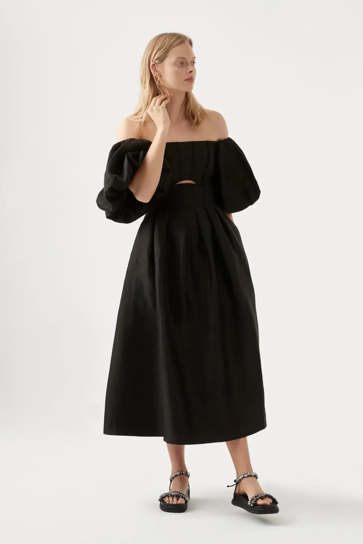 Aje Eugenie Off Shoulder Midi Dress Black Size UK 10 - Image 1