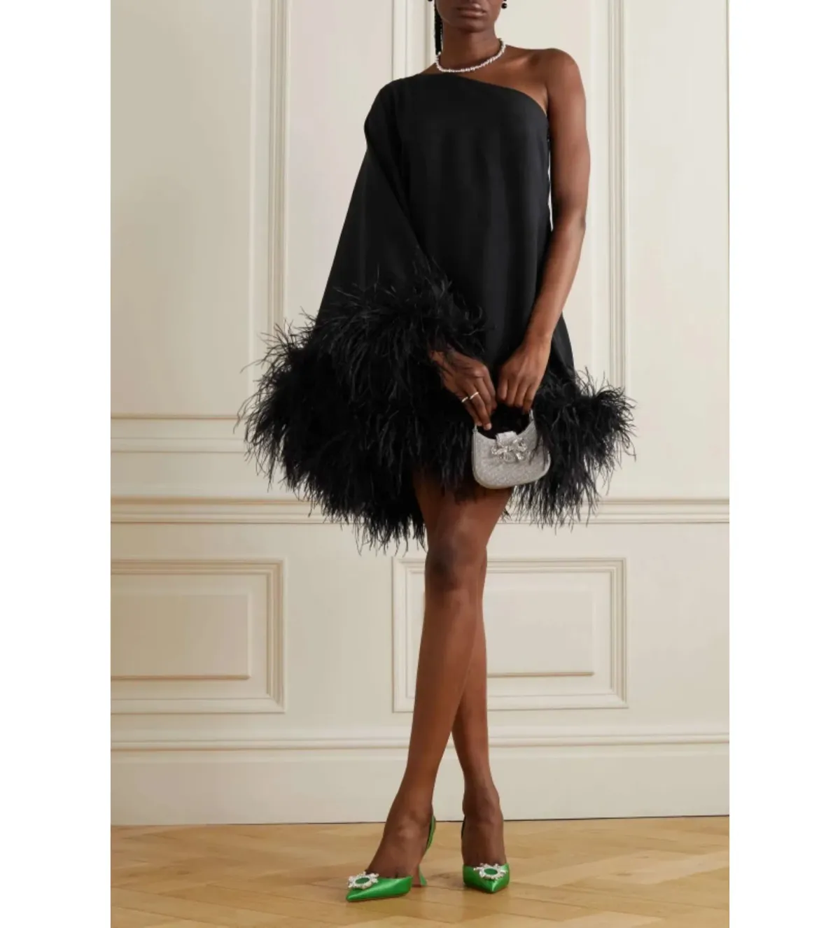 Taller Marmo Piccolo Ubud feather-trim one-shoulder Dress Black Size 8 - Image 2