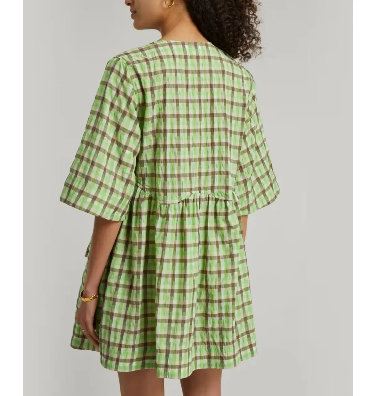 Ganni Seersucker Check Wrap Dress Green Size UK 8 - Image 4