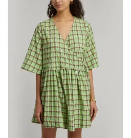 Ganni Seersucker Check Wrap Dress Green Size UK 8 for rent on The Volte - image 3